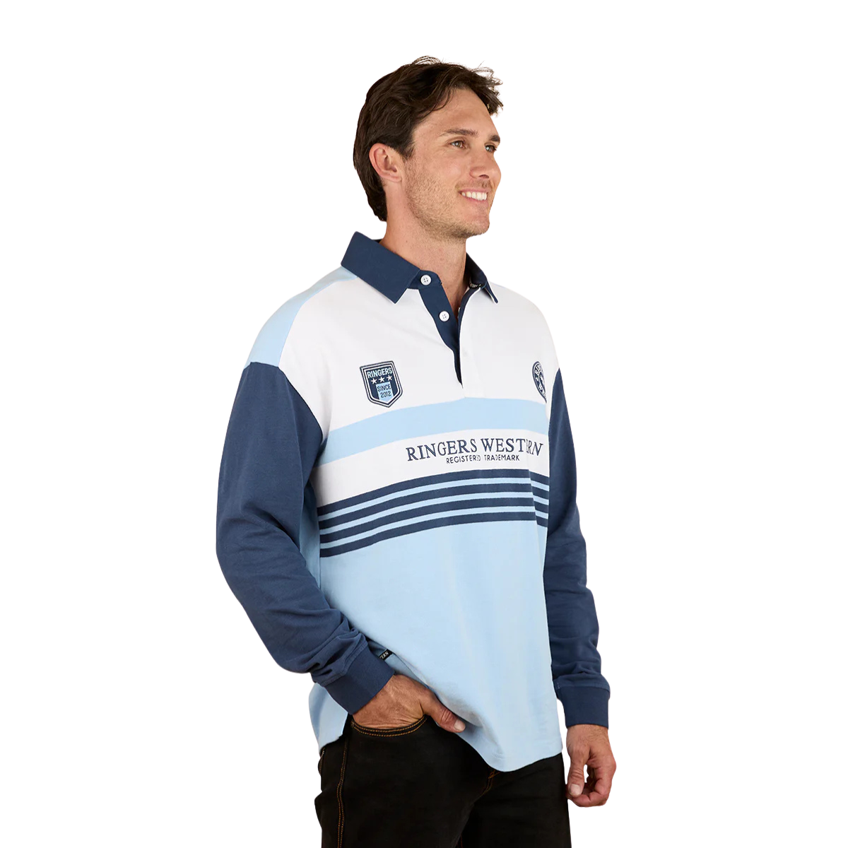 Ringers Western Unisex Stadium Oversized Rugby (425082RW) Blue 3-4 Right Male Model