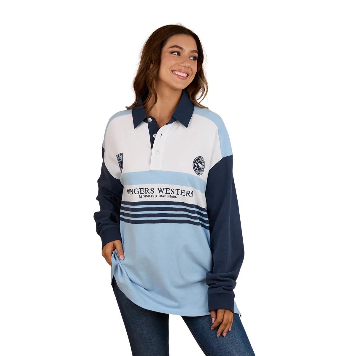 Ringers Western Unisex Stadium Oversized Rugby (425082RW) Blue Front Femala Model