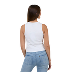 A woman with her back to the camera wearing a Ringers Western Womens All Star Rib Tank (225230RW) White sleeveless top and blue jeans on a white background