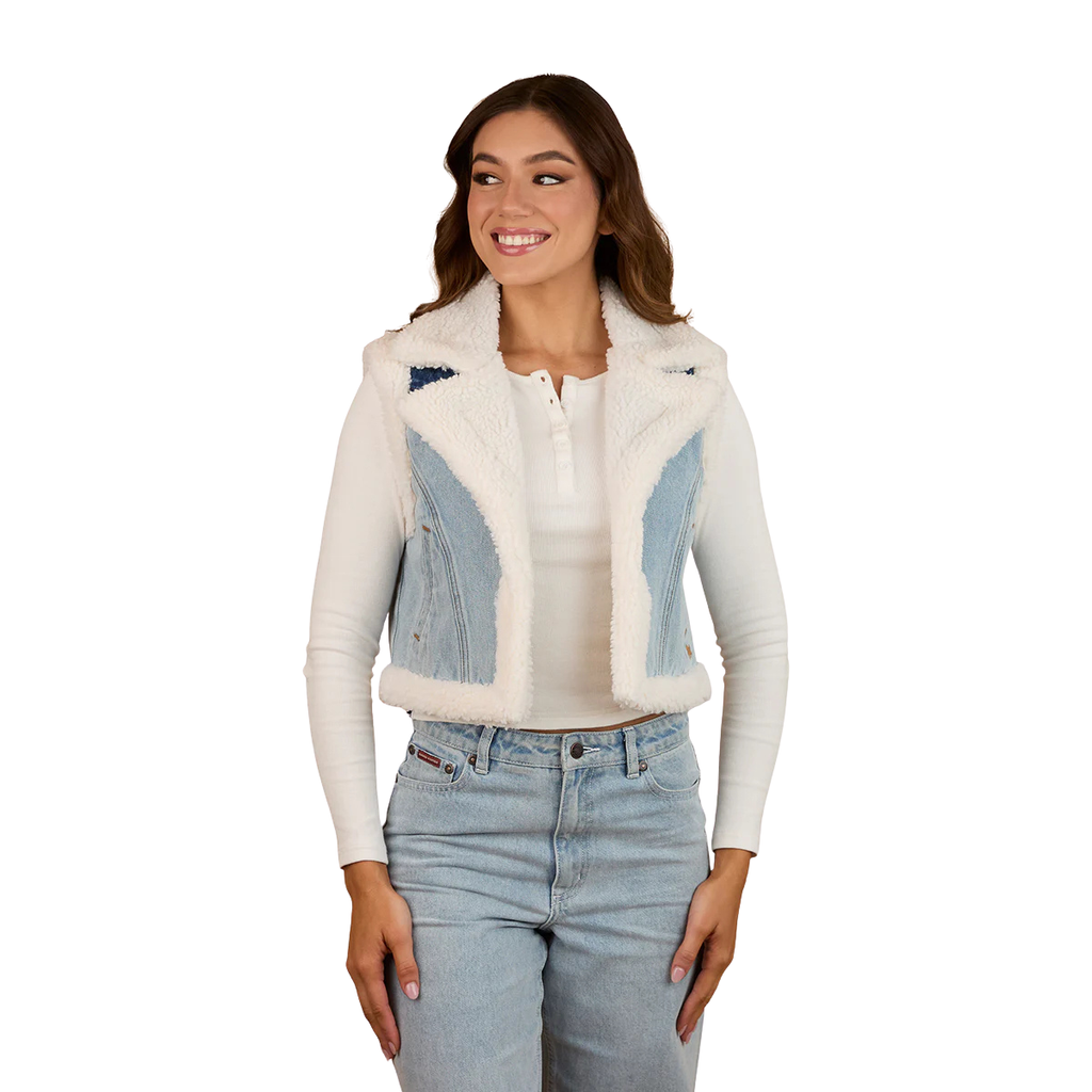 Ringers Western Womens Amaya Denim Sherpa Vest (225054RW) Vintage Light Blue/Dark Mid Blue