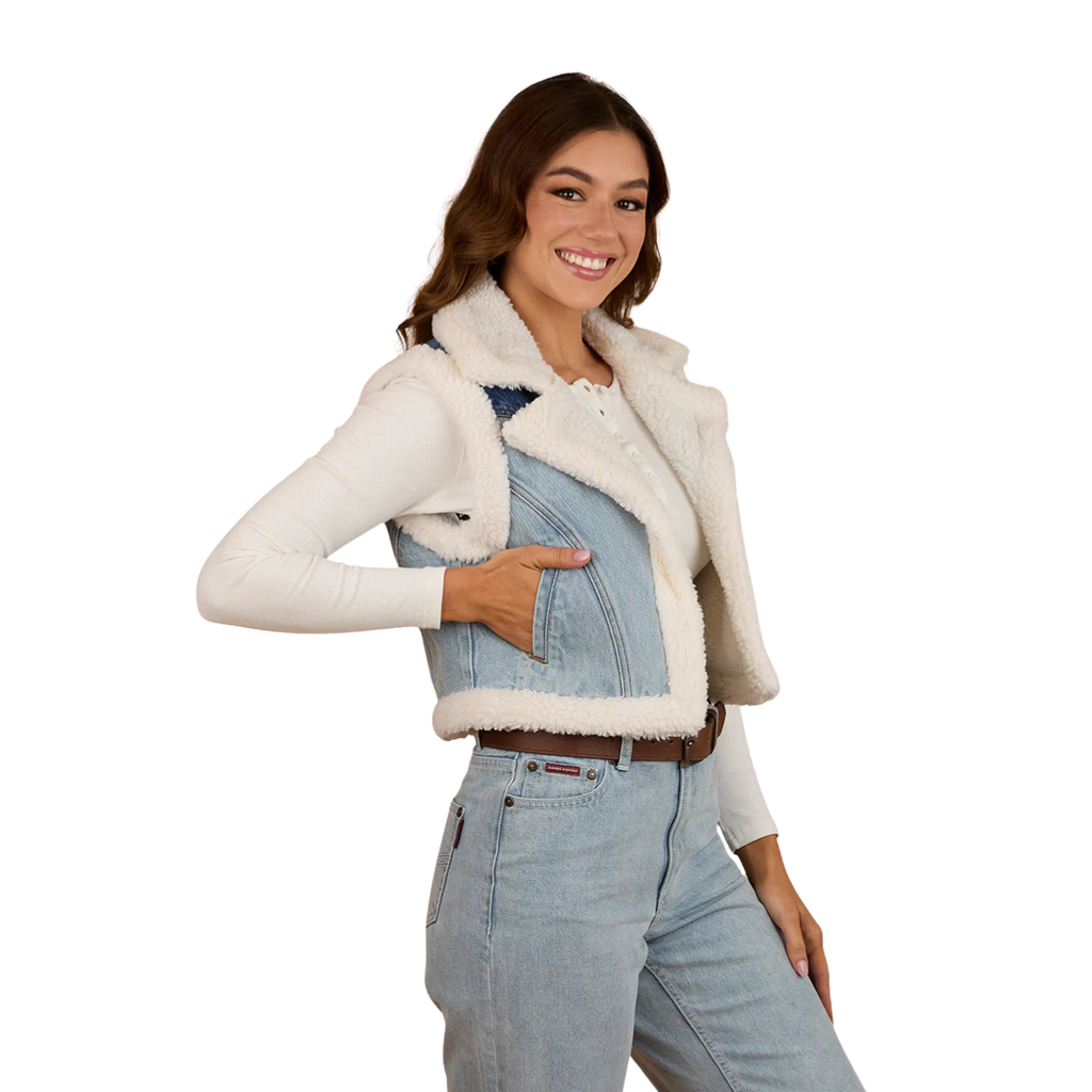 Ringers Western Womens Amaya Denim Sherpa Vest (225054RW) Vintage Light Blue/Dark Mid Blue