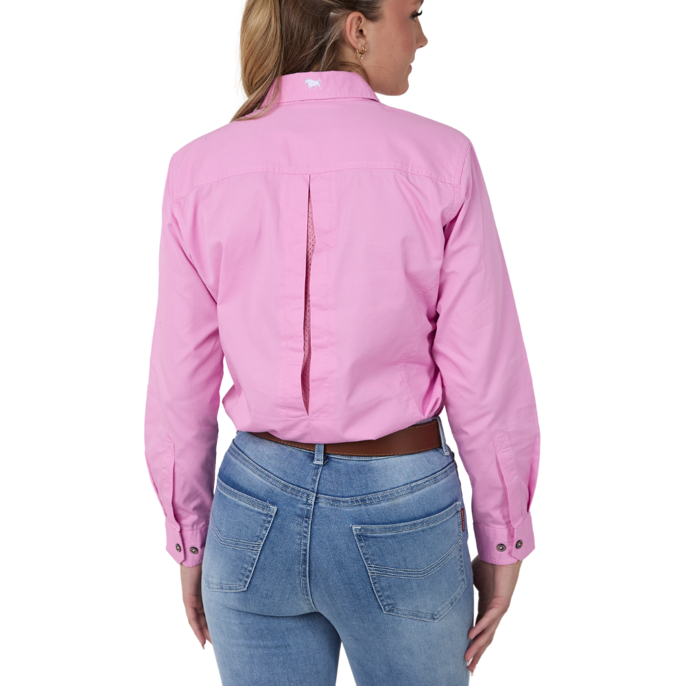 Person wearing a pink shirt and blue jeans on a white background
Ringers Western Women's Burdekin River Semi Fitted Full Button L/S Work Shirt (225139RW)  Pastel Pink Back