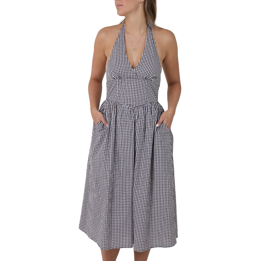 Ringers Western Womens Charmayne Gingham Halter Neck Midi Dress  (225143RW)  Chocolate/White