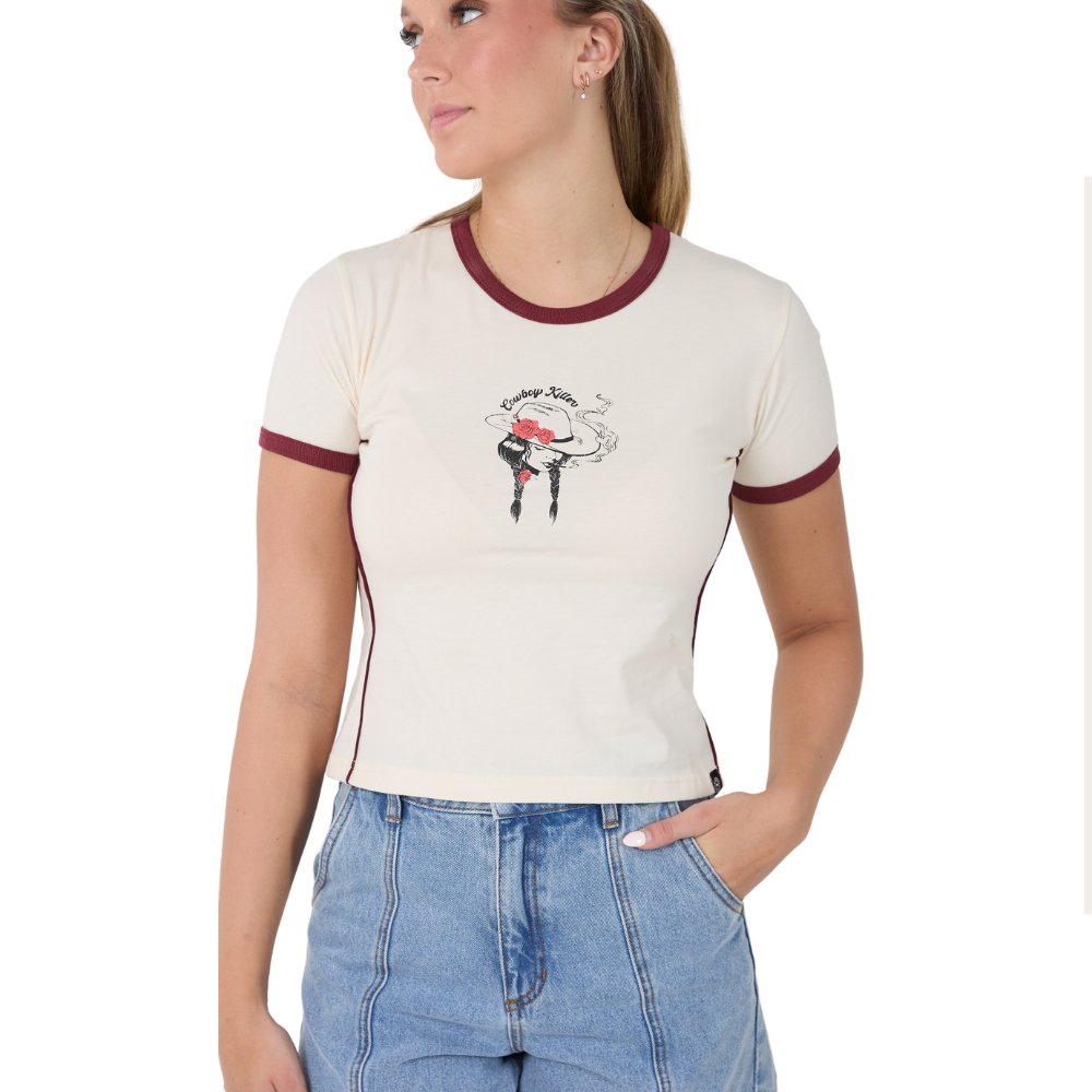 Ringers Western Womens Cowboy Killer Ringer S/S Tee  (225122RW)  Off White/Red