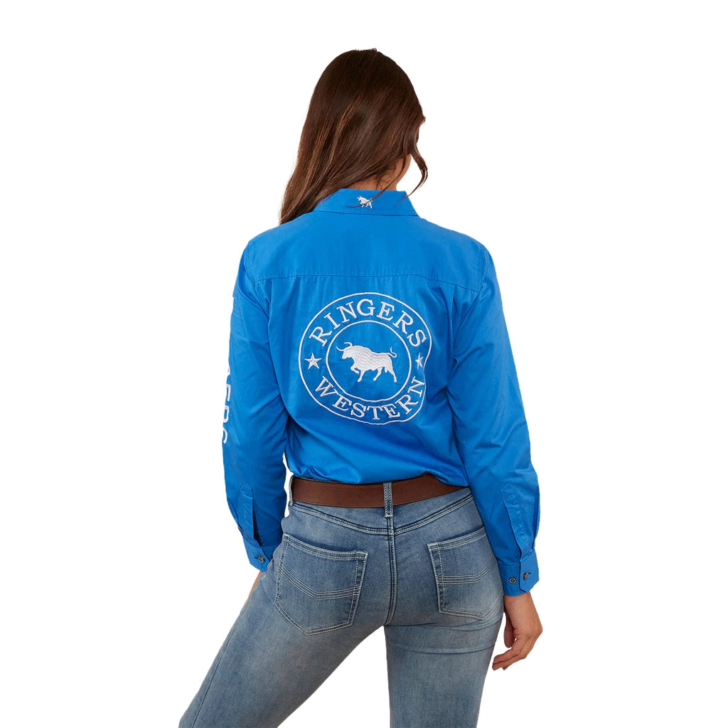 Ringers Western Womens Jillaroo Full Button Embroidered Work Shirt (218110002) Blue
