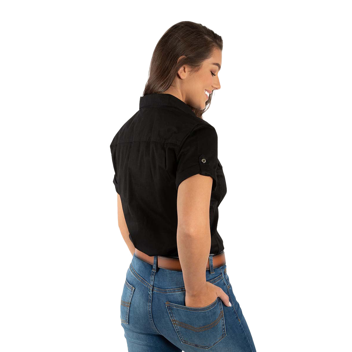 Ringers Western Womens Jules Half Button S/S Work Shirt (220210420) Black/Melon