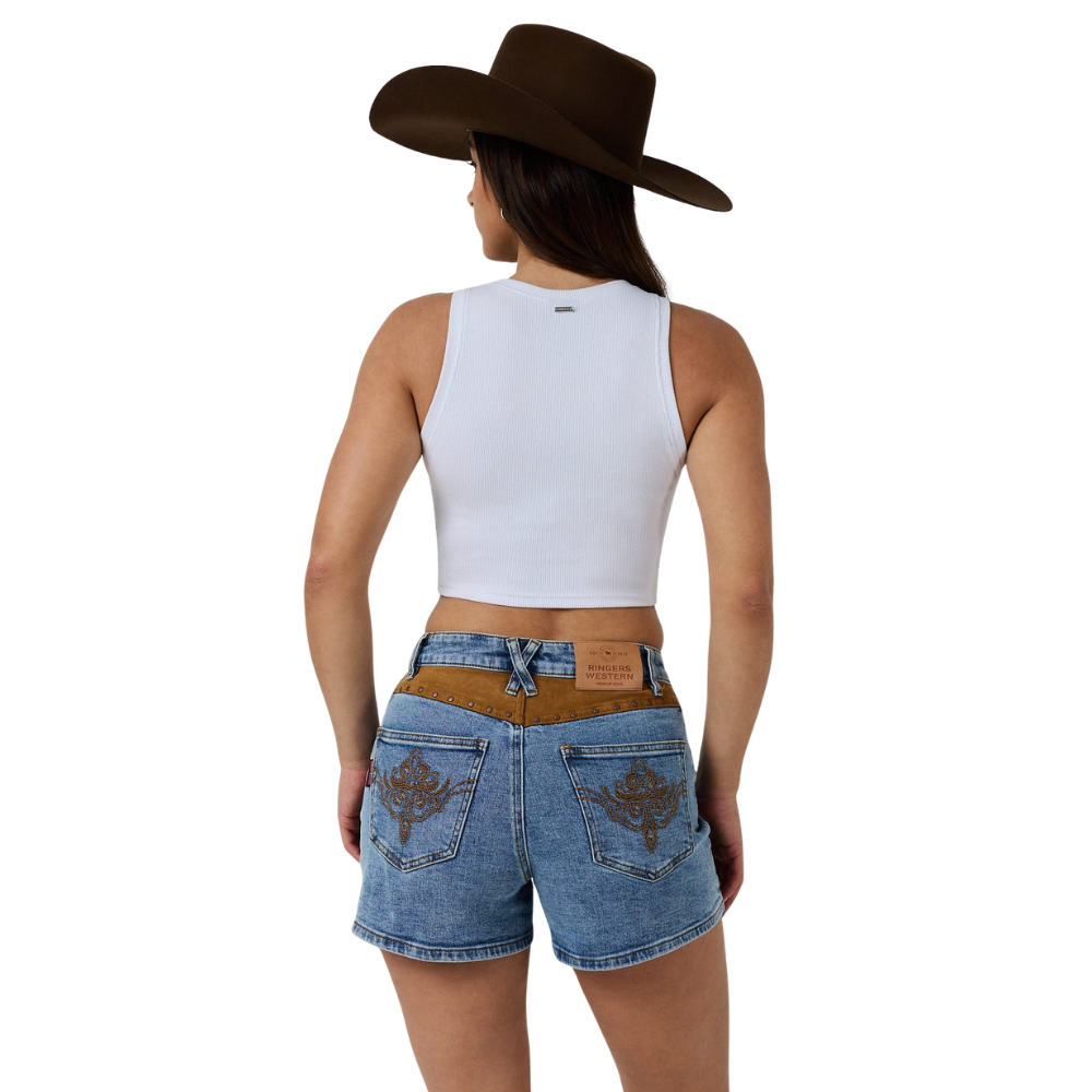 Ringers Western Womens Nashville Faux Suede Trim Shorts (225130RW)  Mid Blue