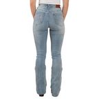 A woman wearing light blue Ringers Western Women's Penny Rodeo High Rise Bootleg Jeans (222104RW) with metallic embroidery on the back pockets, paired with a white top and brown boots, shown from behind from the waist down against a plain white studio background.