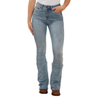 A woman wearing light blue Ringers Western Women's Penny Rodeo High Rise Bootleg Jeans (222104RW) with a white top and brown boots, shown from the waist down against a plain white studio background.