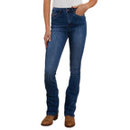 A woman modelling a pair of Vintage Blue Wash Ringers Western Women's Penny Rodeo High Rise Bootleg Jeans (222104RW) on a white studio background.