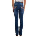 A woman shown from behind modelling a pair of Vintage Blue Wash Ringers Western Women's Penny Rodeo High Rise Bootleg Jeans (222104RW) with floral embroidery on the back pockets, on a white studio background.