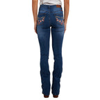 A woman shown from behind modelling a pair of Vintage Blue Wash Ringers Western Women's Penny Rodeo High Rise Bootleg Jeans (222104RW) with floral embroidery on the back pockets, on a white studio background.