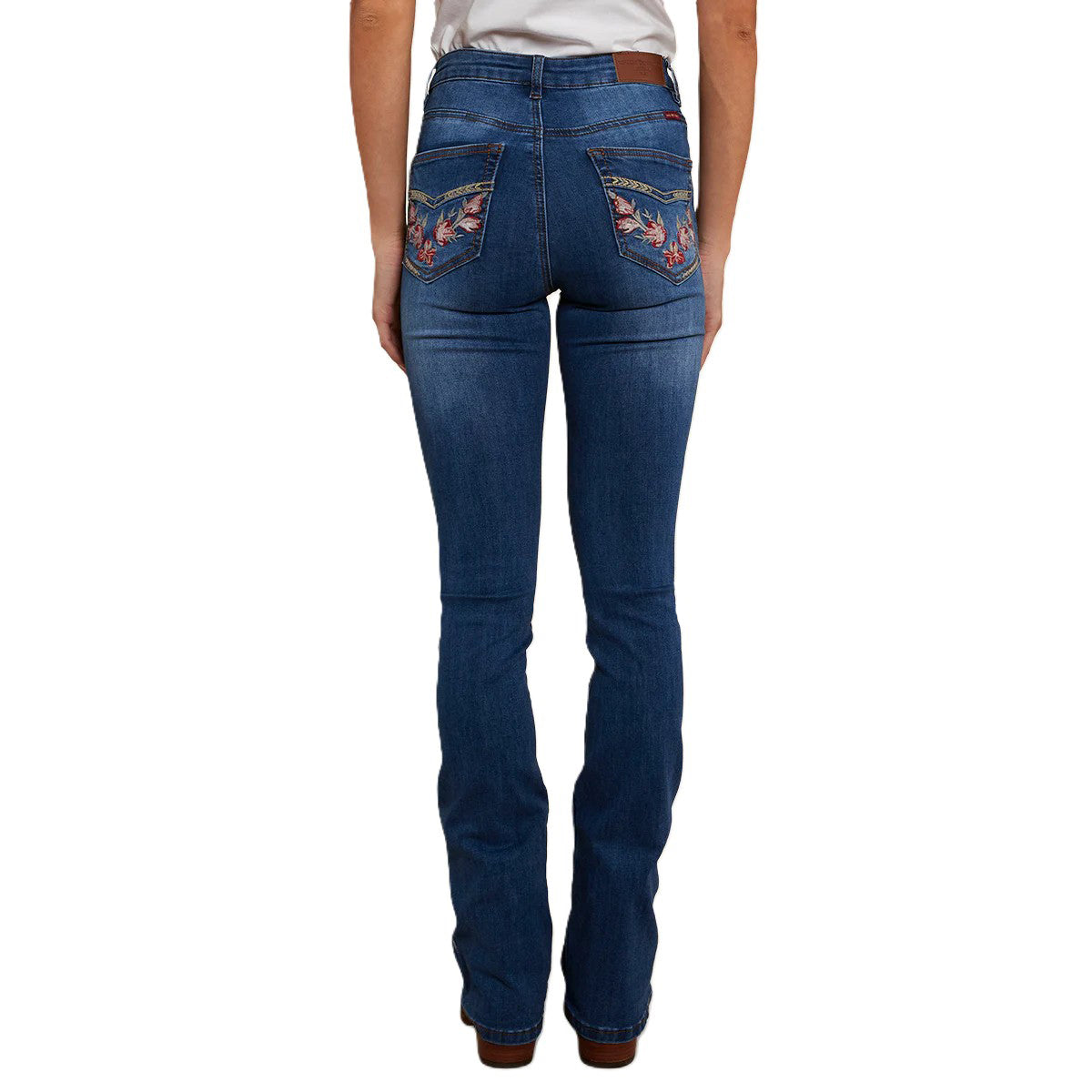 A woman shown from behind modelling a pair of Vintage Blue Wash Ringers Western Women's Penny Rodeo High Rise Bootleg Jeans (222104RW) with floral embroidery on the back pockets, on a white studio background.