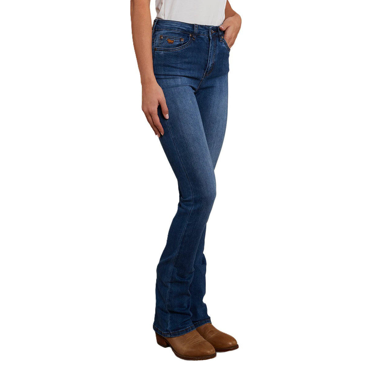 A 3-4 front view of a woman modelling a pair of Vintage Blue Wash Ringers Western Women's Penny Rodeo High Rise Bootleg Jeans (222104RW) on a white studio background.
