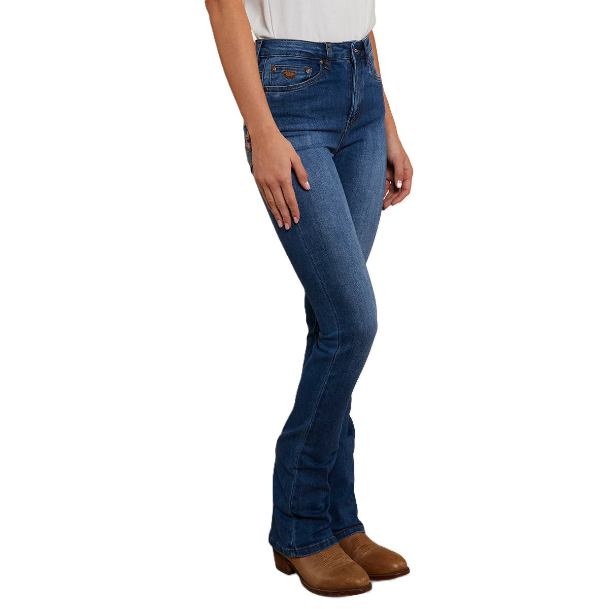A woman modelling a pair of Vintage Blue Wash Ringers Western Women's Penny Rodeo High Rise Bootleg Jeans (222104RW) on a white studio background.