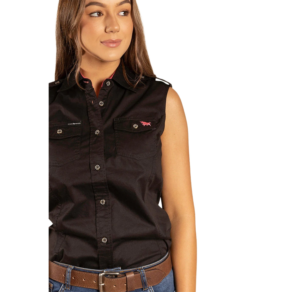 Ringers Western Womens Pentecost River Full Button Sleeveless Work Shirt (171210003) Black