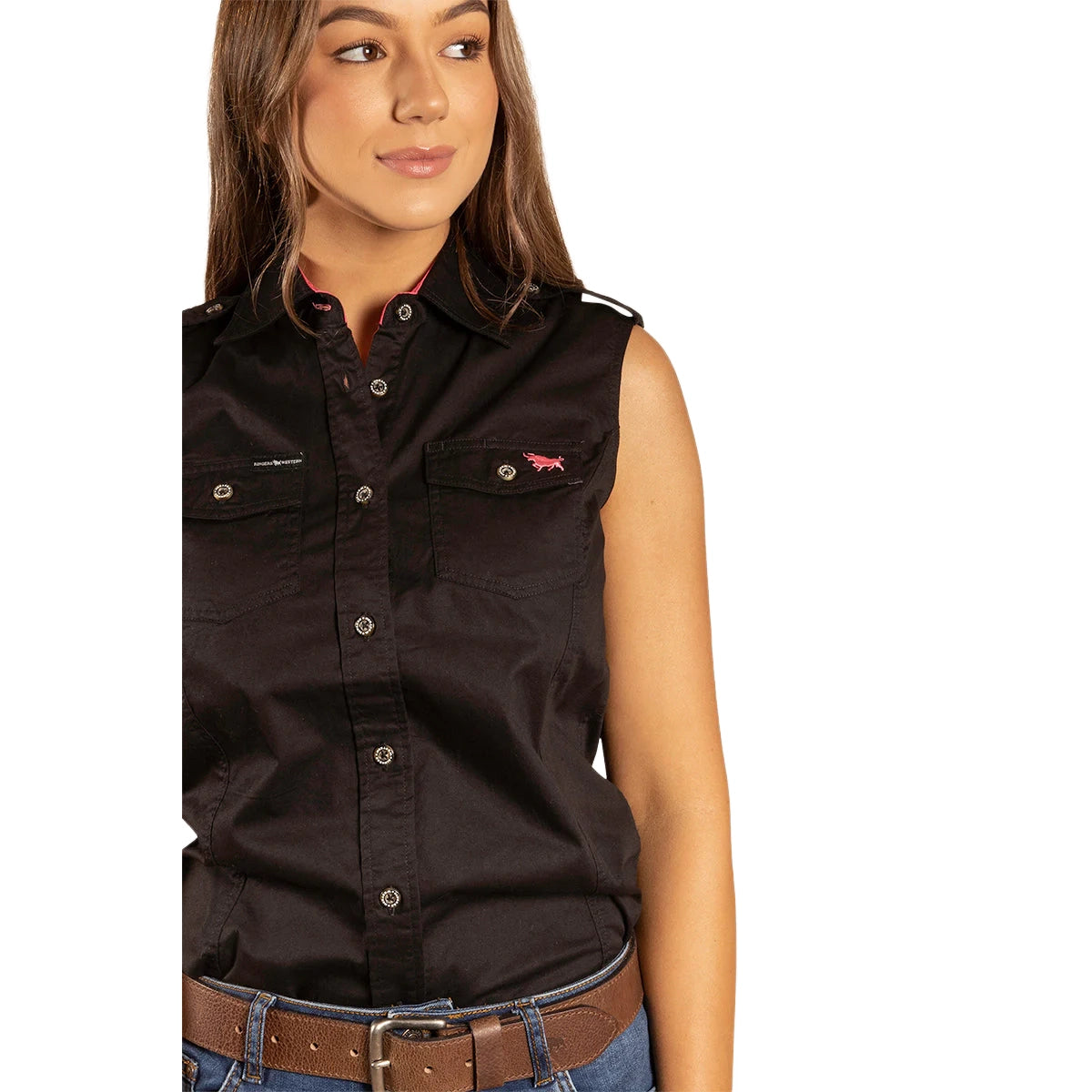 Ringers Western Womens Pentecost River Full Button Sleeveless Work Shirt (171210003) Black