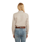 A woman with long blonde hair against a white background, wearing the Ringers Western Womens Pentecost River Half Button L/S Work Shirt in beige and blue jeans, with her back to the camera