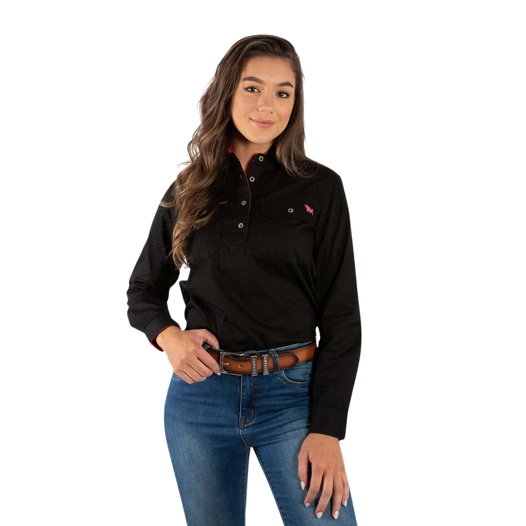 Ringers Western Womens Pentecost River Half Button L/S Work Shirt (171210002) Black/Melon Front on white background