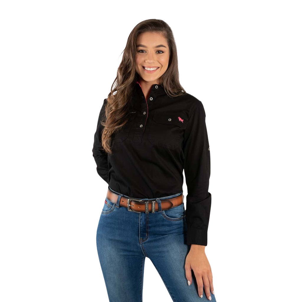 Ringers Western Womens Pentecost River Half Button L/S Work Shirt (171210002) Black/Melon Front