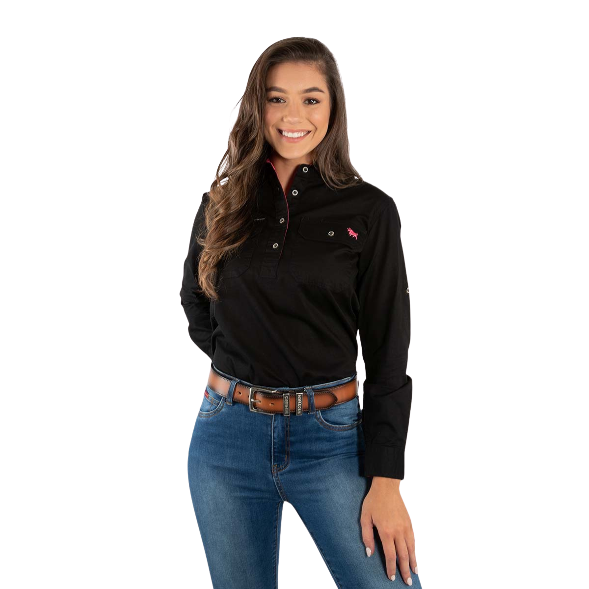 Ringers Western Womens Pentecost River Half Button L/S Work Shirt (171210002) Black/Melon Front
