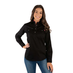 Ringers Western Womens Pentecost River Half Button L/S Work Shirt (171210002) Black/Melon untucked
