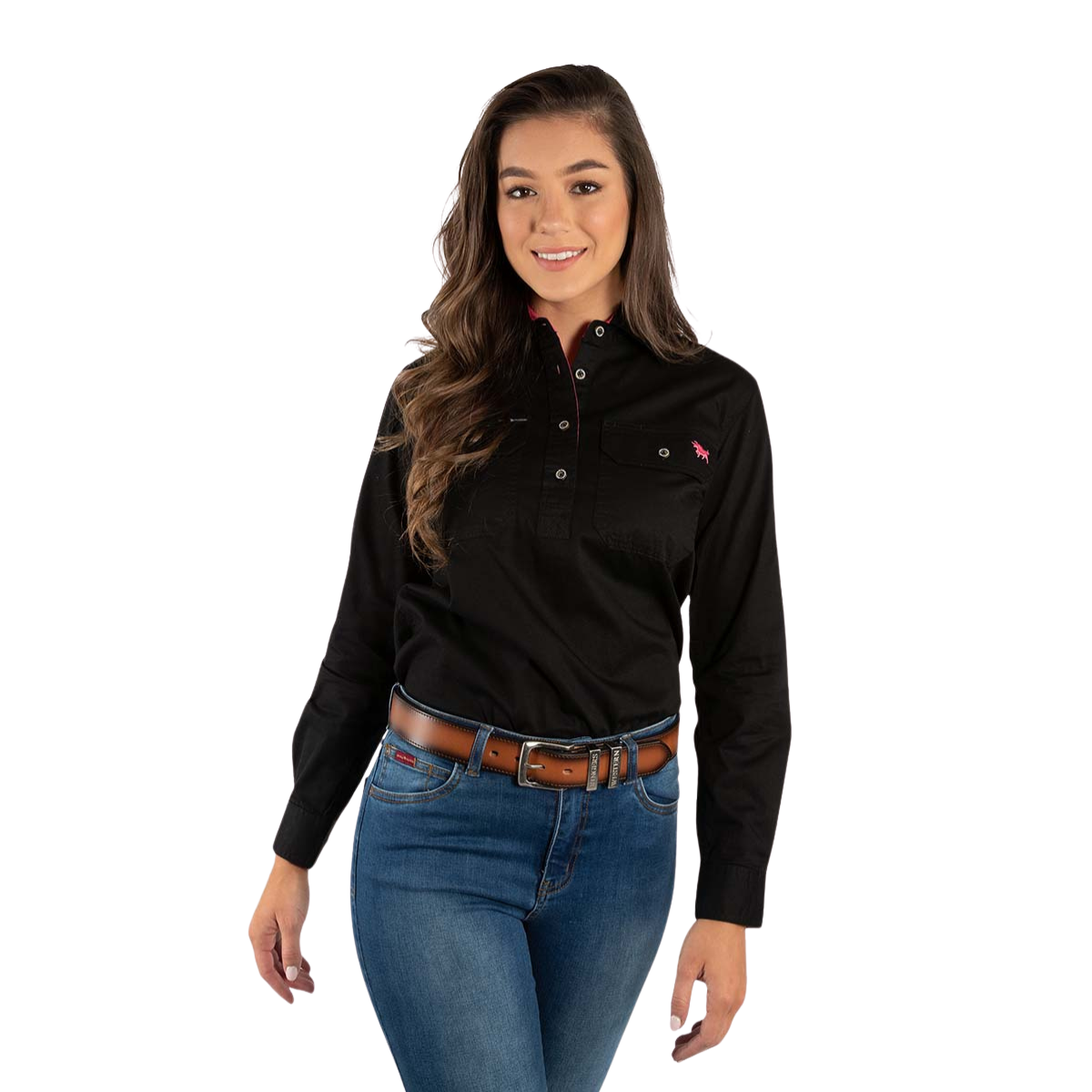 Ringers Western Womens Pentecost River Half Button L/S Work Shirt (171210002) Black/Melon model on white background