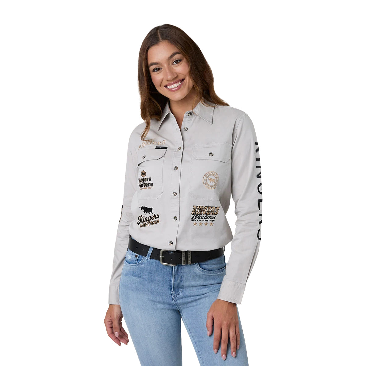 Ringers Western Womens Rodeo Spirit Full Button L/S Work Shirt (225038RW) Beige Front