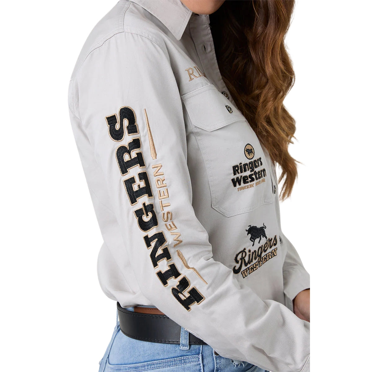 Ringers Western Womens Rodeo Spirit Full Button L/S Work Shirt (225038RW) Beige Sleeve