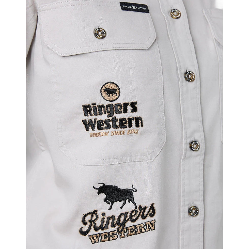 Ringers Western Womens Rodeo Spirit Full Button L/S Work Shirt (225038RW) Beige Badges