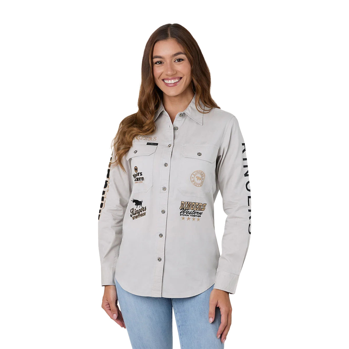 Ringers Western Womens Rodeo Spirit Full Button L/S Work Shirt (225038RW) Beige Front Untucked