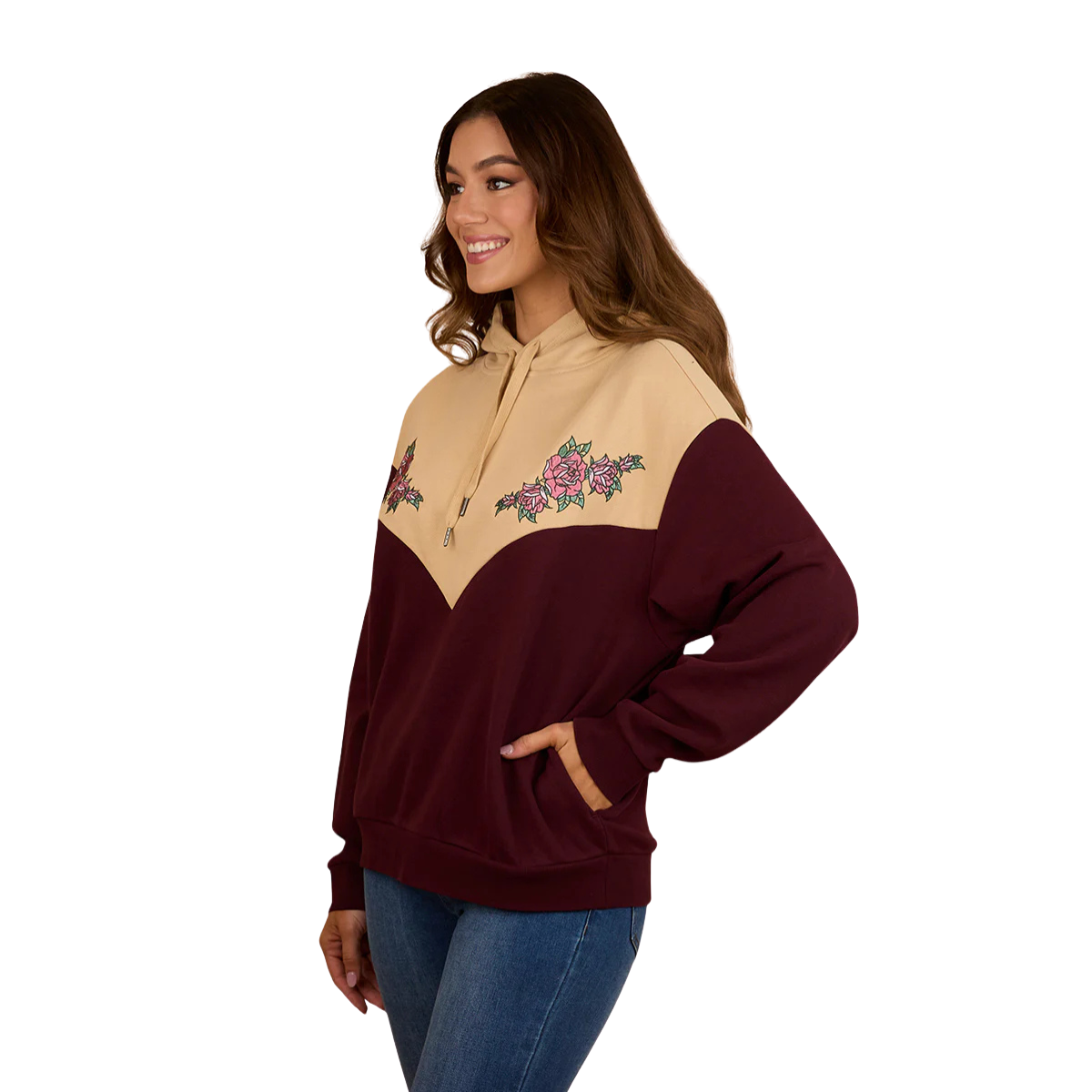 Ringers Western Womens Rosey Oversized Pullover Hoodie (225031RW) Cabernet/Dark Sand