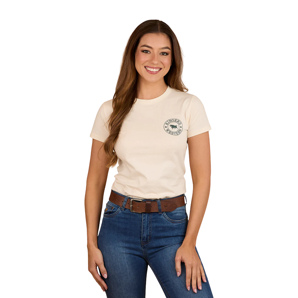 Ringers Western Womens Signature Bull Classic Fit S/S Tee (220016RW) Off White/Pine