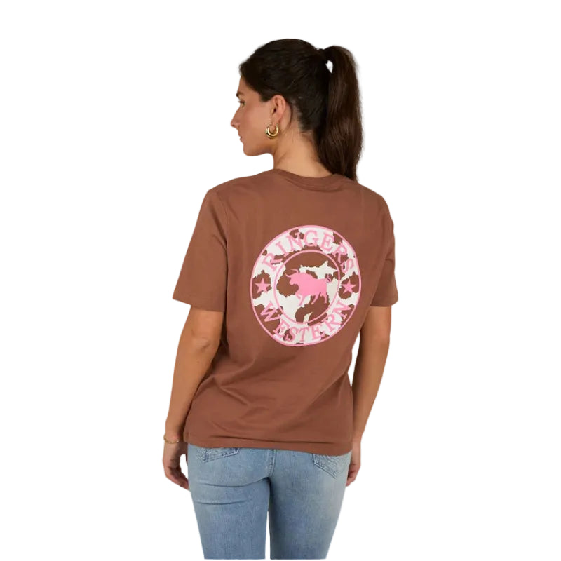 Ringers Western Womens Signature Bull Loose Fit S/S Tee (220018RW) Saddle Brown/Cow Print