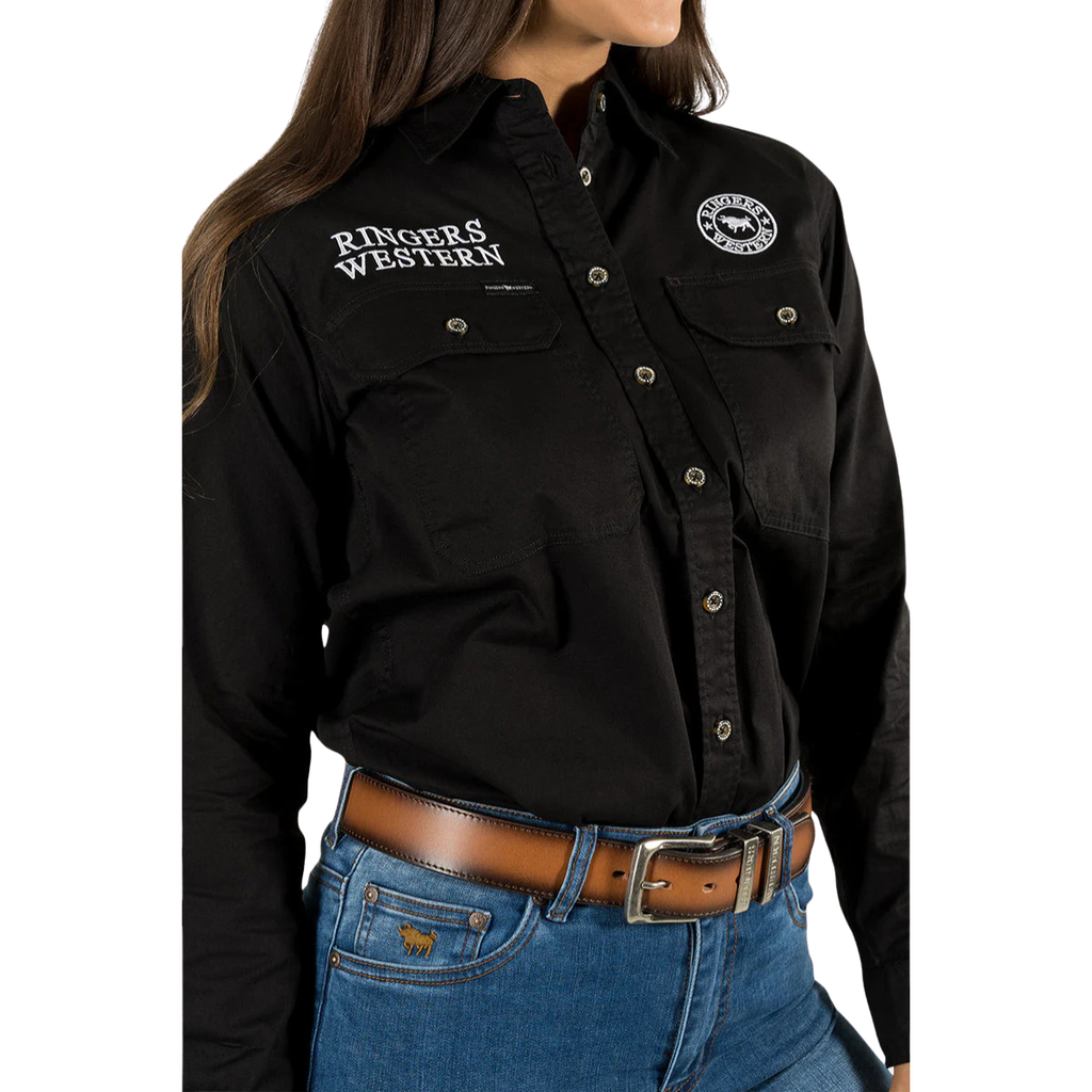 Ringers Western Womens Signature Jillaroo Full Button L/S Work Shirt  (218110002) Black/White Embroidery