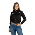 A woman in a Ringers Western Womens Signature Jillaroo Full Button L/S Work Shirt (218110002) Black/White Embroidery and blue jeans smiles with one hand on her hip against a white background.