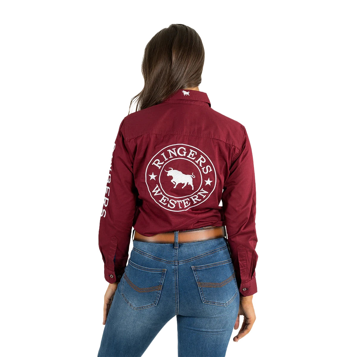 Ringers Western Womens Signature Jillaroo Full Button L/S Work Shirt  (218110002) Burgundy/White