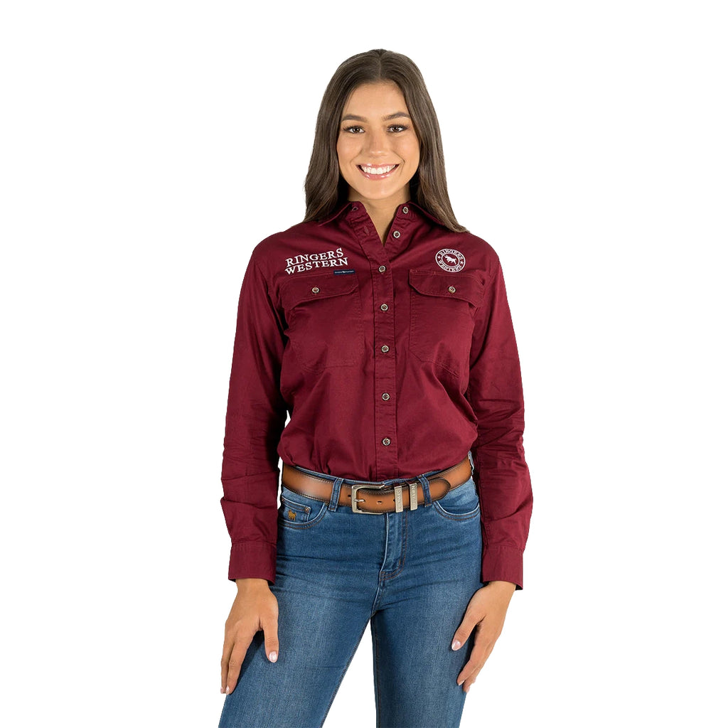 Ringers Western Womens Signature Jillaroo Full Button L/S Work Shirt  (218110002) Burgundy/White