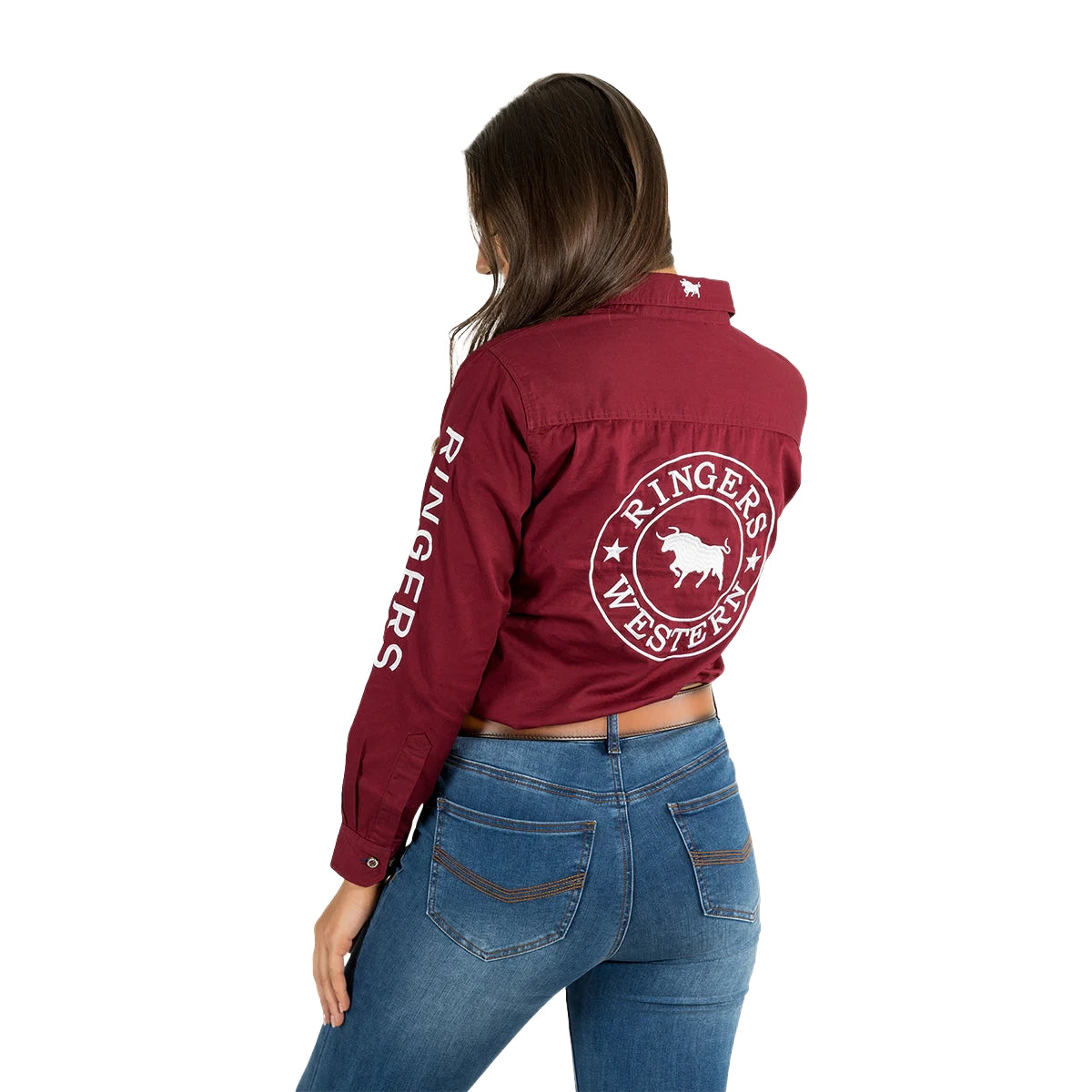 Ringers Western Womens Signature Jillaroo Full Button L/S Work Shirt  (218110002) Burgundy/White