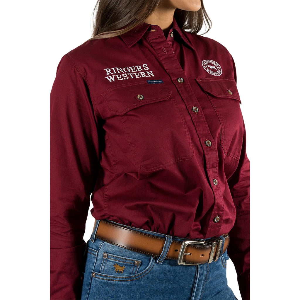 Ringers Western Womens Signature Jillaroo Full Button L/S Work Shirt  (218110002) Burgundy/White