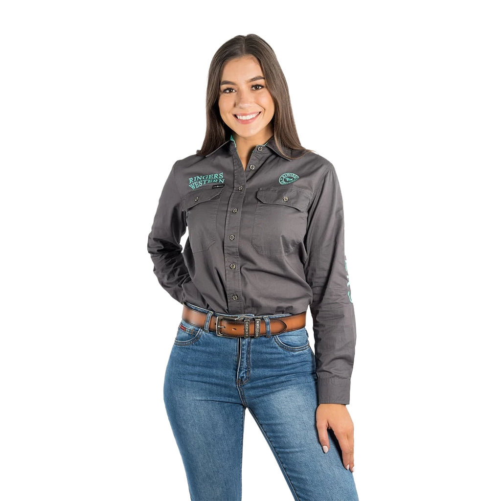 Ringers Western Womens Signature Jillaroo Full Button L/S Work Shirt  (218110002) Magnum/Mint Embroidery