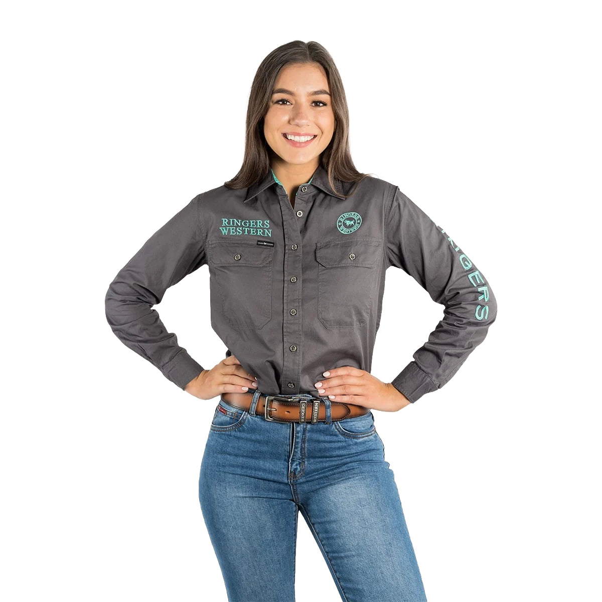 Ringers Western Womens Signature Jillaroo Full Button L/S Work Shirt  (218110002) Magnum/Mint Embroidery
