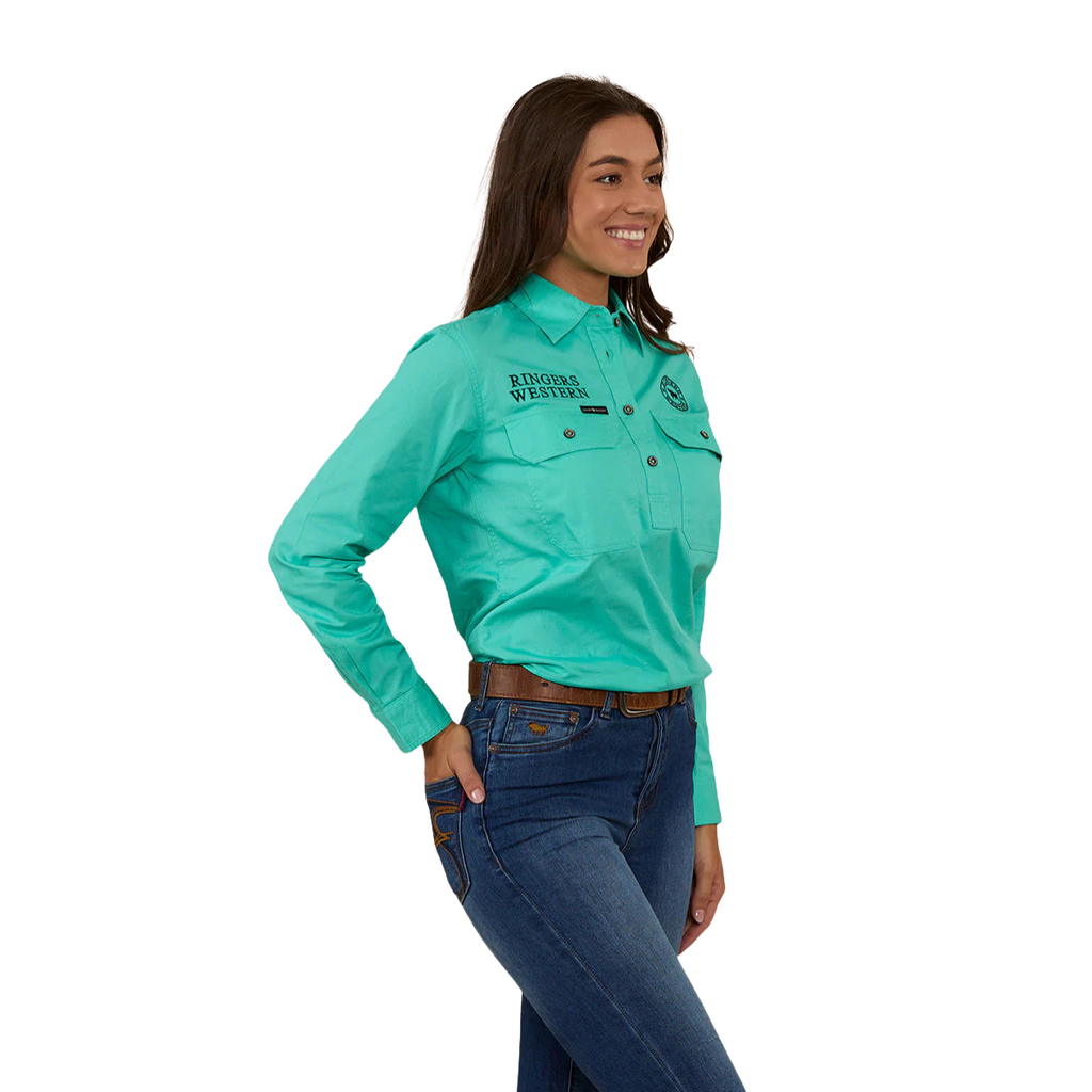 Ringers Western Womens Signature Jillaroo Half Button L/S Work Shirt  (223125RW) Mint/Navy