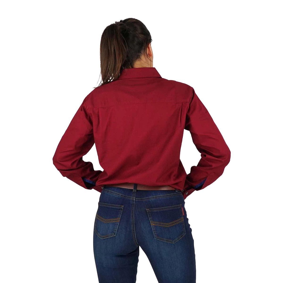 A woman with her back to the camera, wearing the Ringers Western Womens Pentecost River Half Button Work Shirt in Burgundy, standing against a plain white background.