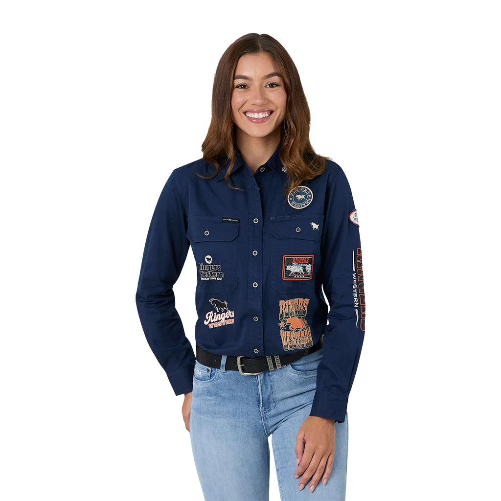 Ringers Western Womens Trail Blazer Full Button L/S Work Shirt (225073RW) Navy Front