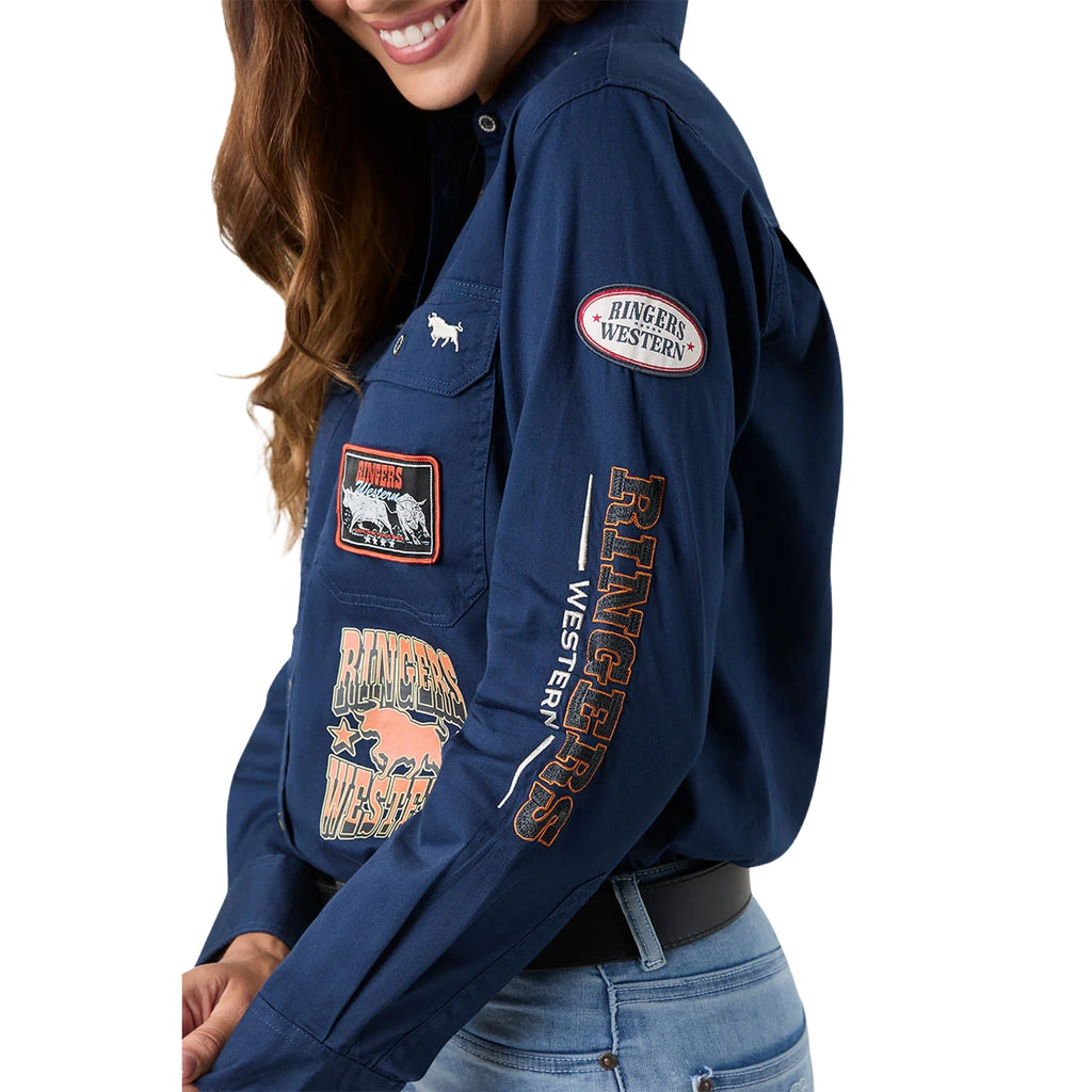 Ringers Western Womens Trail Blazer Full Button L/S Work Shirt (225073RW) Navy Sleeve