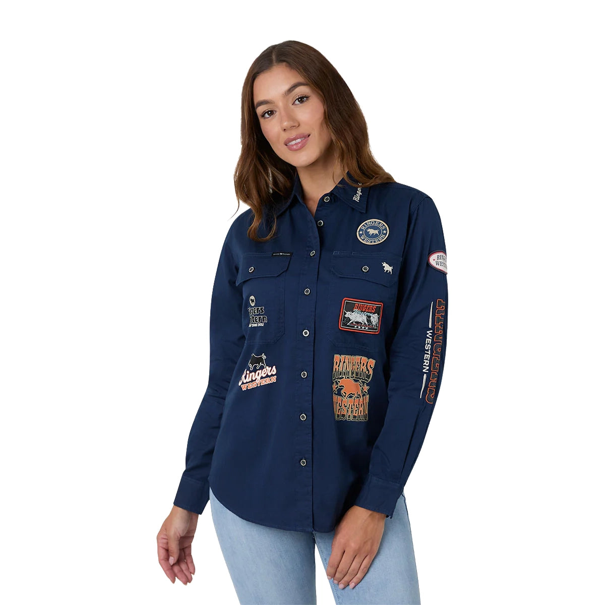 Ringers Western Womens Trail Blazer Full Button L/S Work Shirt (225073RW) Navy Front Untucked