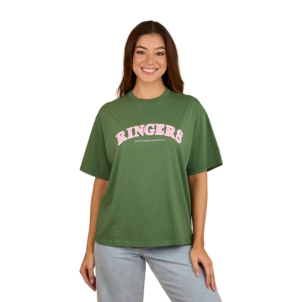Ringers Western Womens Varsity Oversized S/S Tee (223162RW) Washed Ivy Front