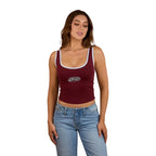 A woman wearing a Ringers Western Womens Villa Ringer Tank in Burgundy/Light Blue and light denim shorts with embroidered back pockets, set against a white background.