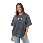 Woman wearing a Ringers Western Womens Who Gives A Buck S/S Oversized Tee (225120RW) Washed Black on a white background